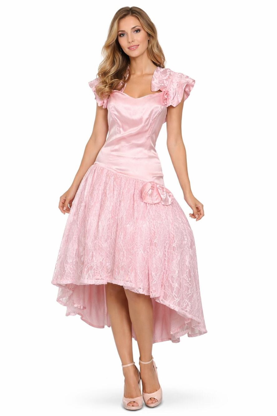 1980s Pink Satin Lace Drop Waist Hi Low Party Prom Dress X Small